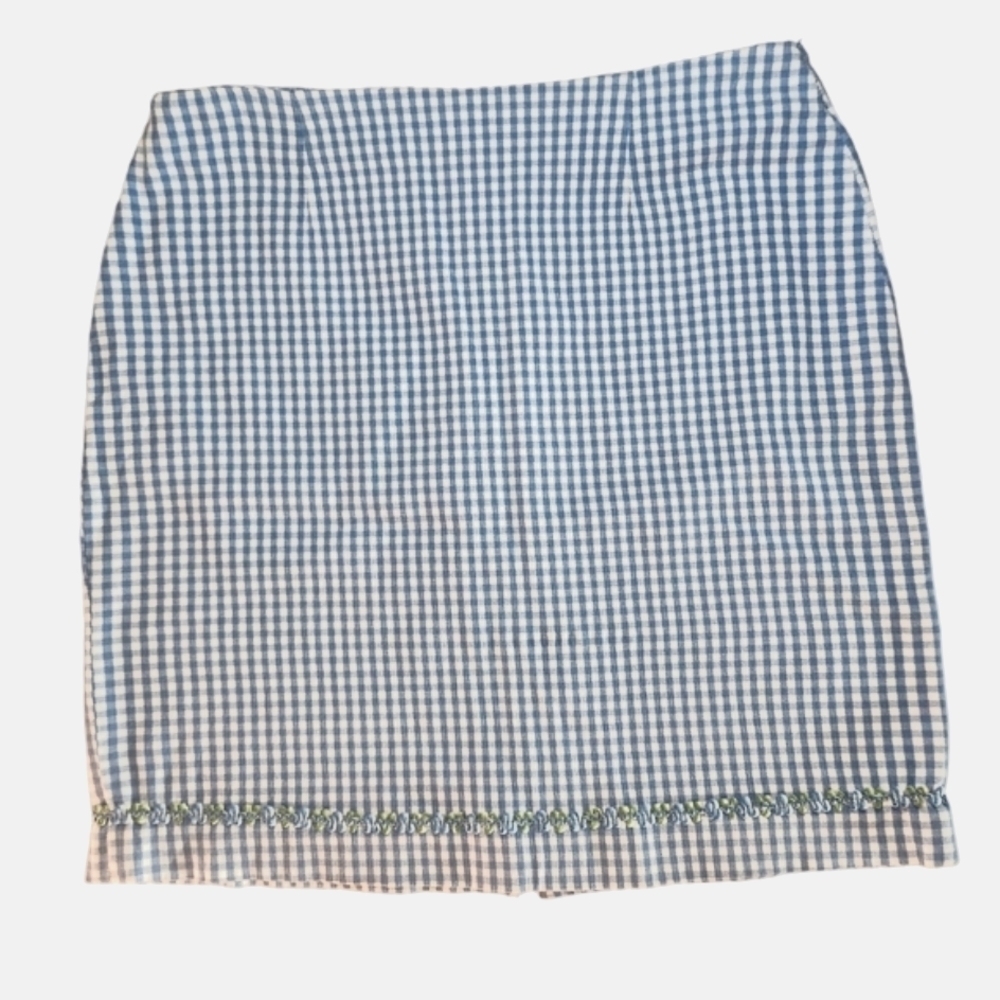 Talbots Skirt 14P Gingham Plaid Blue White Stretch Cotton Stretch Spring!